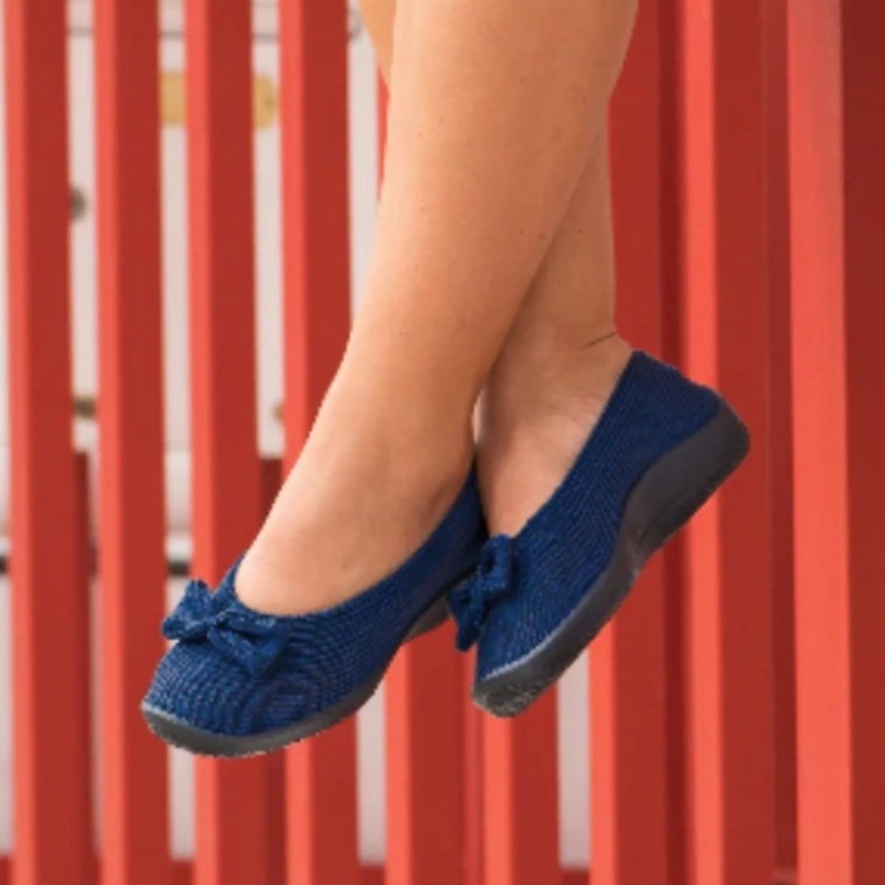 Arcopedico Lyla Sport Flats 37 Navy Blue Knit Bow Comfort Walking Travel Shoes